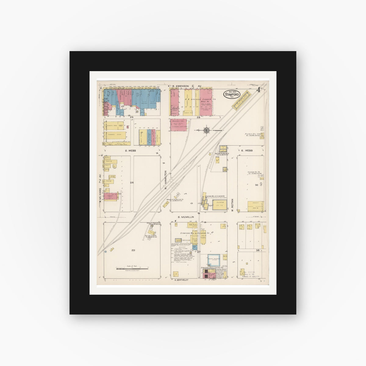 Old map wall art mockup — black gallery frame with white mat — Sanborn Fire Insurance Map from Stamford, Jones County, Texas (1922), Sheet #0004
