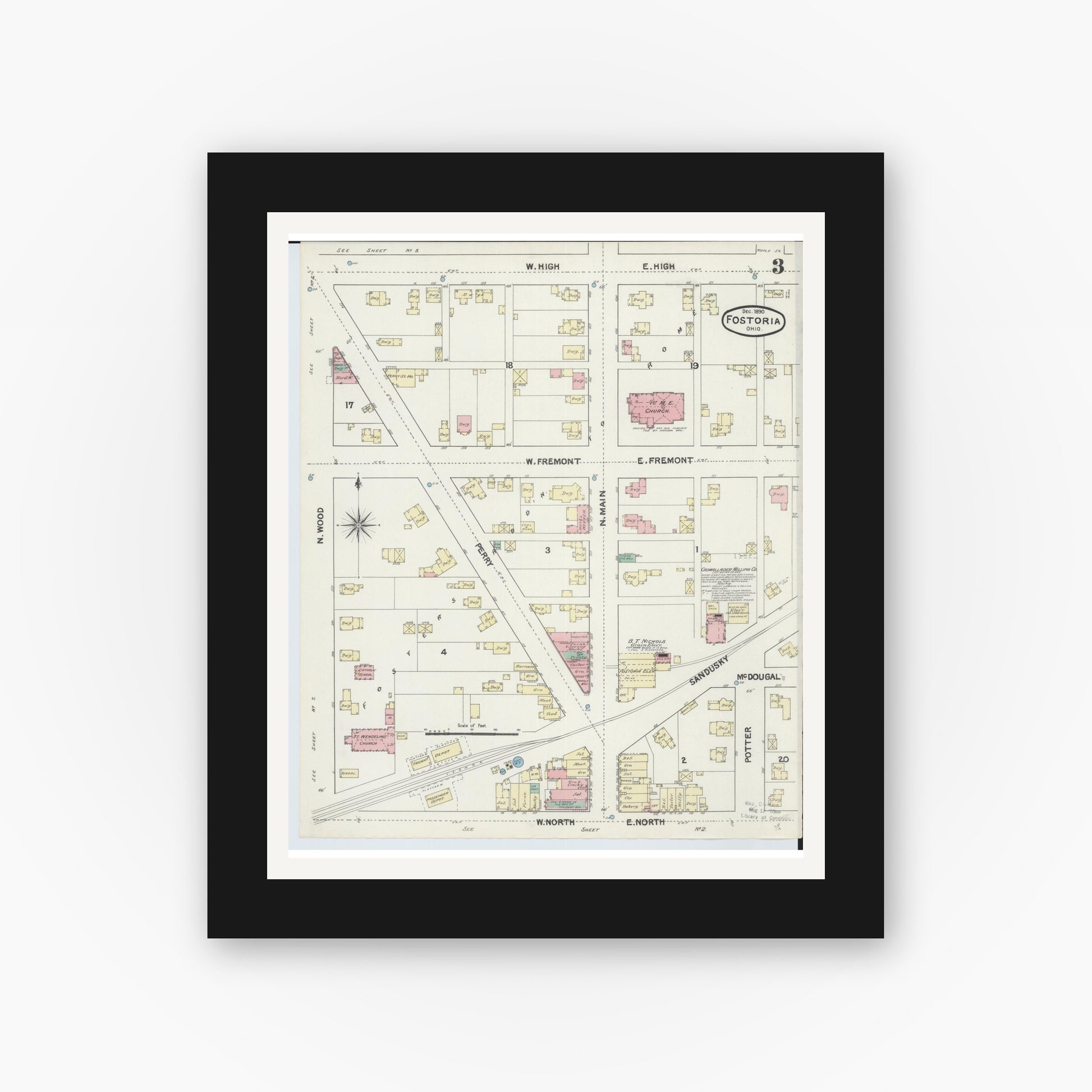 Old map wall art mockup — black gallery frame with white mat — Sanborn Fire Insurance Map from Fostoria, Seneca, Hancock, And Wood Counties, Ohio (1891), Sheet #0003