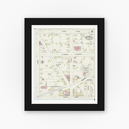 Old map wall art mockup — black gallery frame with white mat — Sanborn Fire Insurance Map from Fostoria, Seneca, Hancock, And Wood Counties, Ohio (1891), Sheet #0003