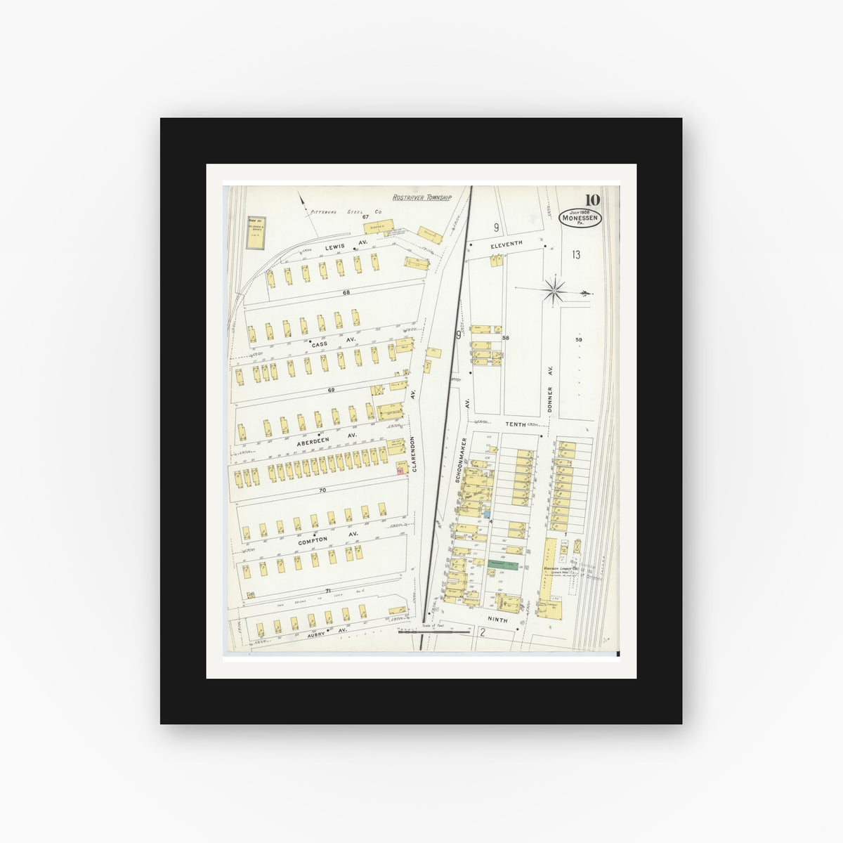 Old map wall art mockup — black gallery frame with white mat — Sanborn Fire Insurance Map from Monessen, Westmoreland County, Pennsylvania (1908), Sheet #0010