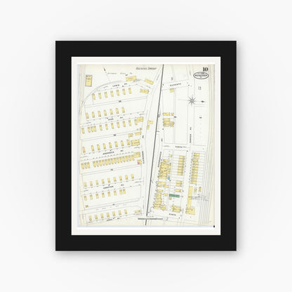 Old map wall art mockup — black gallery frame with white mat — Sanborn Fire Insurance Map from Monessen, Westmoreland County, Pennsylvania (1908), Sheet #0010