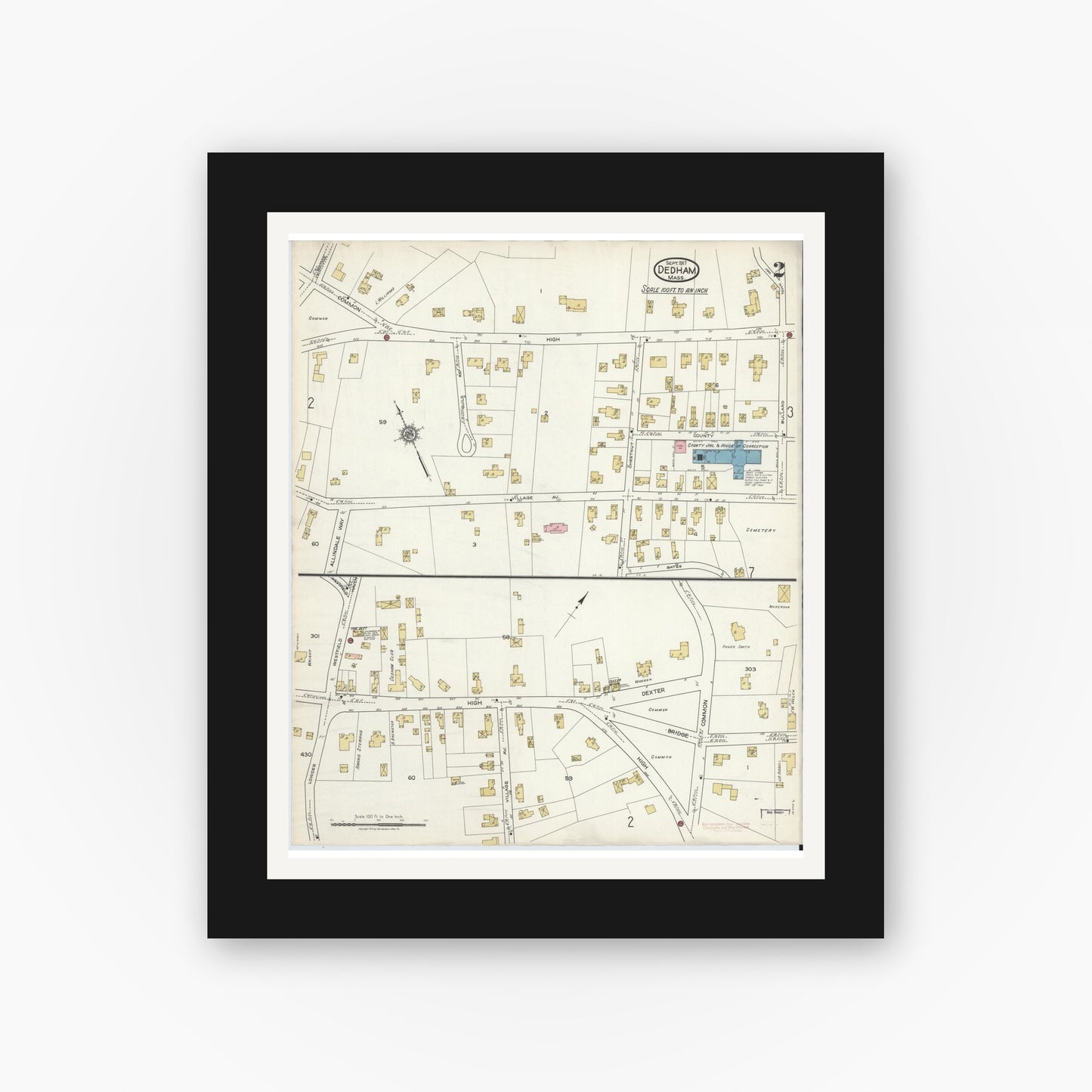 Old map wall art mockup — black gallery frame with white mat — Sanborn Fire Insurance Map from Dedham, Norfolk County, Massachusetts (1917), Sheet #0002