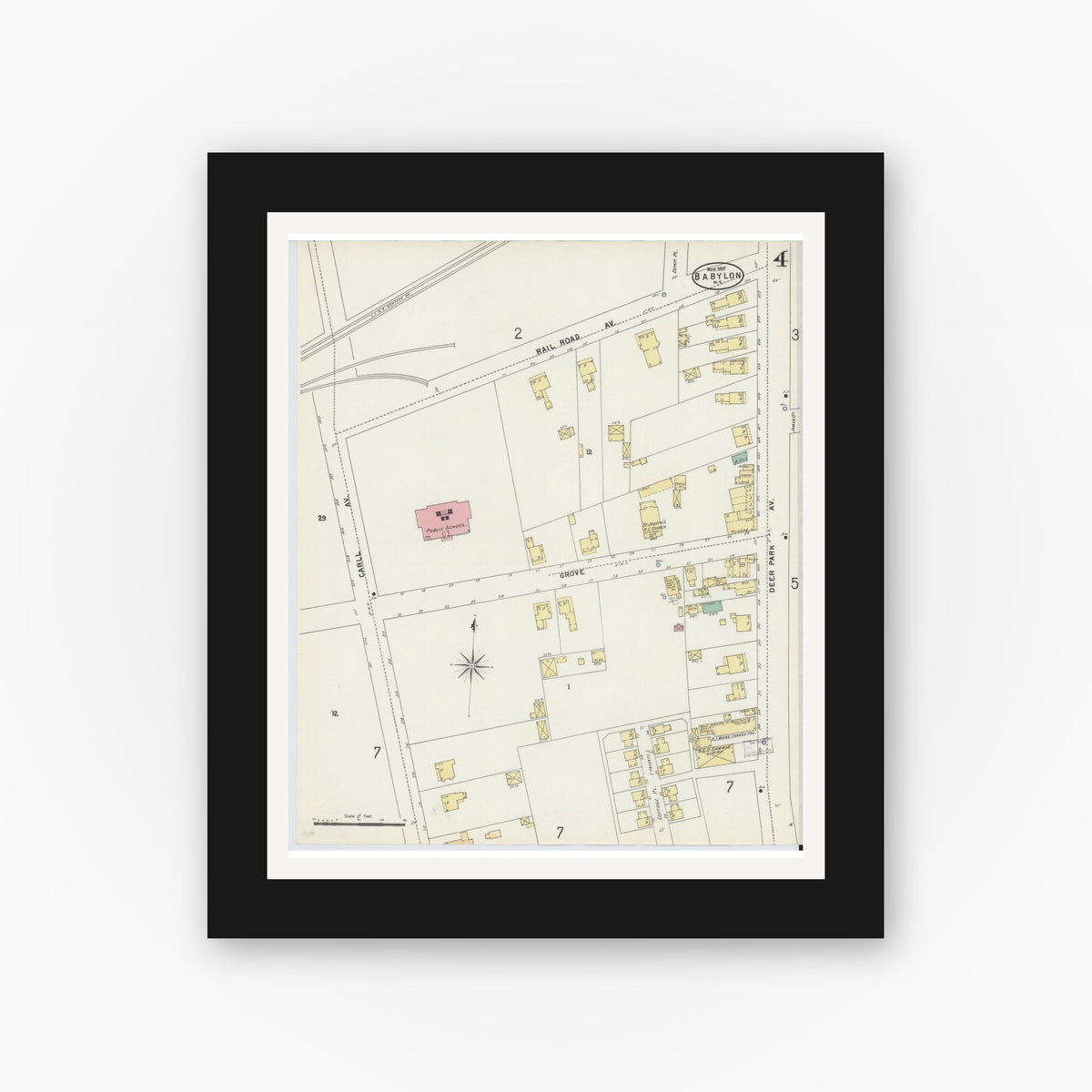 Old map wall art mockup — black gallery frame with white mat — Sanborn Fire Insurance Map from Babylon, Suffolk County, New York (1897), Sheet #0004