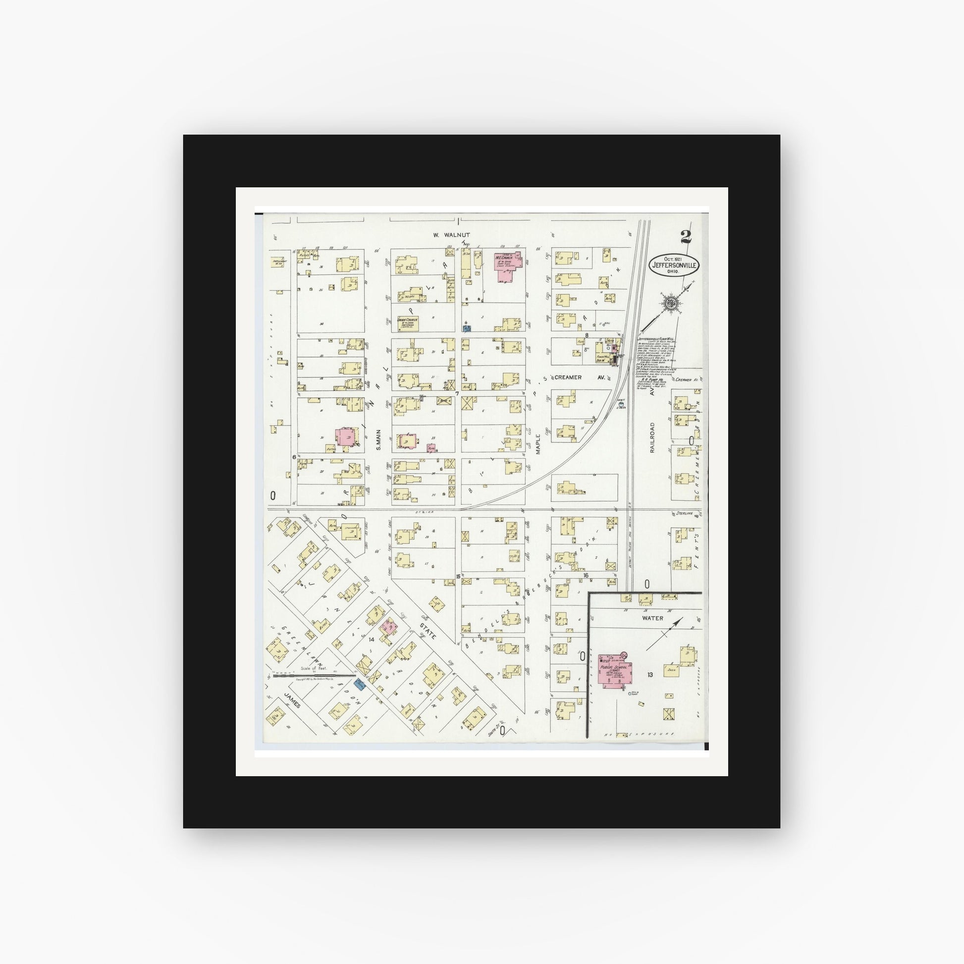 Old map wall art mockup — black gallery frame with white mat — Sanborn Fire Insurance Map from Jeffersonville, Fayette County, Ohio (1921), Sheet #0002