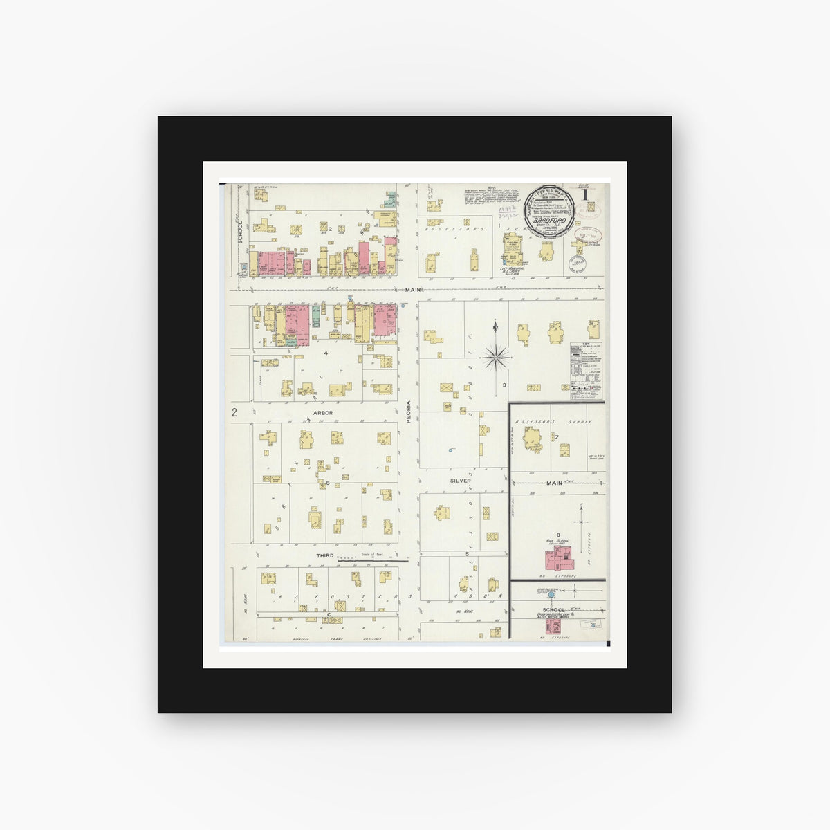Old map wall art mockup — black gallery frame with white mat — Sanborn Fire Insurance Map from Bradford, Stark County, Illinois (1899) - Complete Map Set