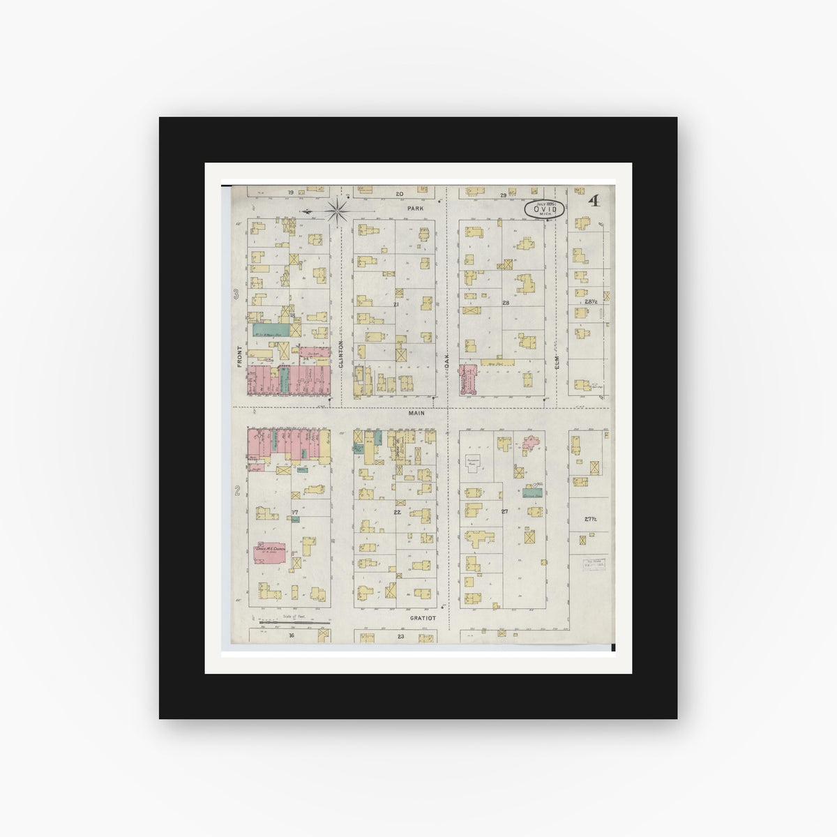Old map wall art mockup — black gallery frame with white mat — Sanborn Fire Insurance Map from Ovid, Clinton County, Michigan (1895), Sheet #0004