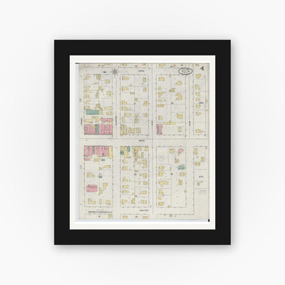 Old map wall art mockup — black gallery frame with white mat — Sanborn Fire Insurance Map from Ovid, Clinton County, Michigan (1895), Sheet #0004