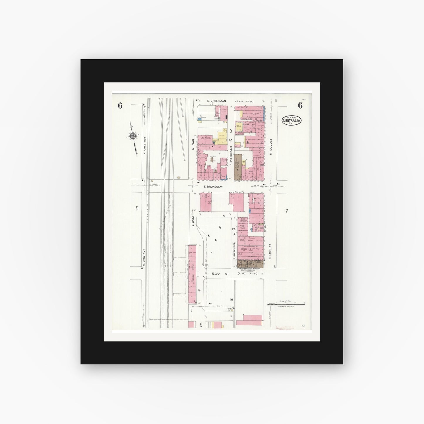 Old map wall art mockup — black gallery frame with white mat — Sanborn Fire Insurance Map from Centralia, Marion, Clinton, Jefferson, and Washington Counties, Illinois (1924), Sheet #0006
