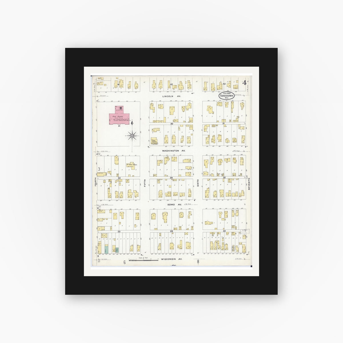 Old map wall art mockup — black gallery frame with white mat — Sanborn Fire Insurance Map from Tomahawk, Lincoln County, Wisconsin (1908), Sheet #0004