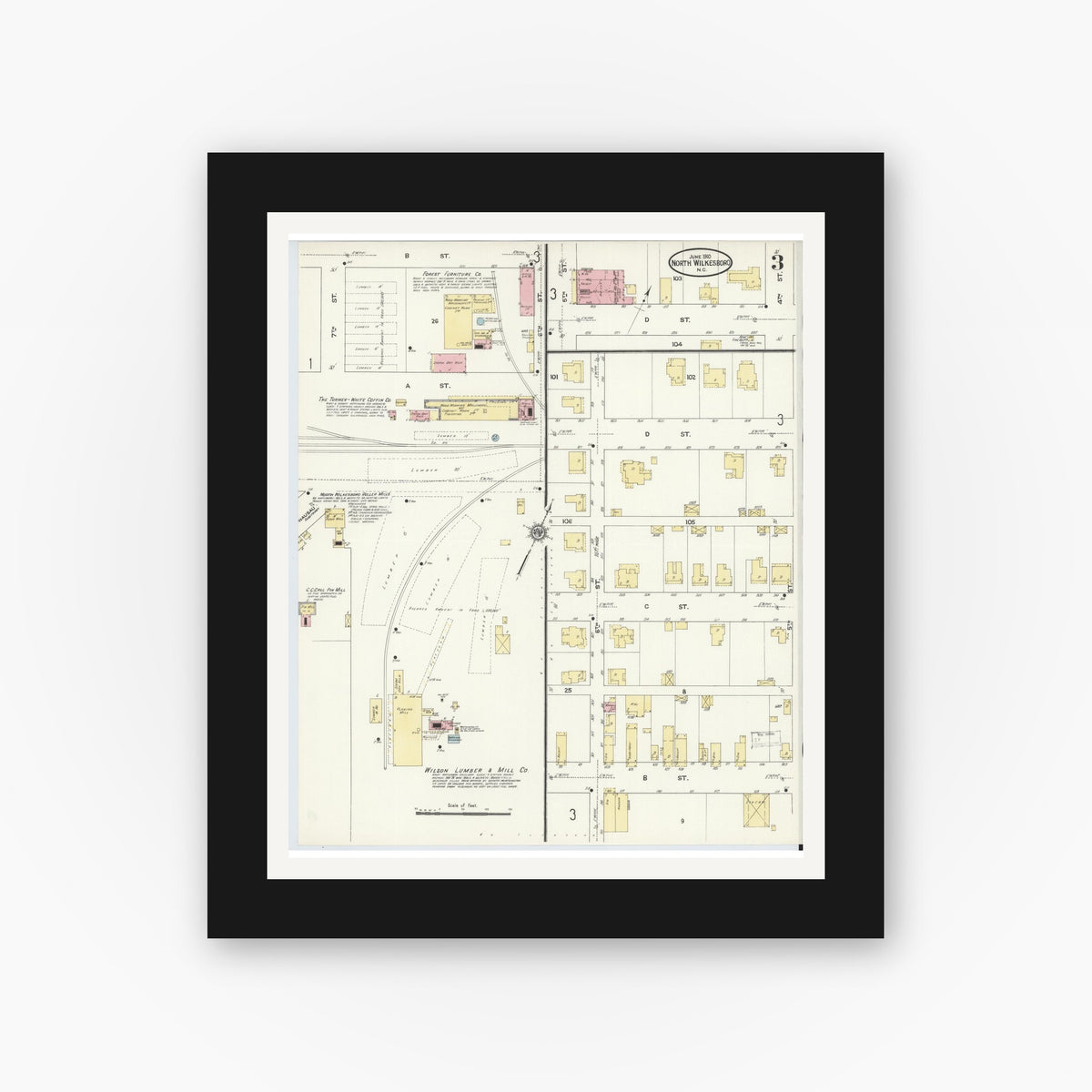 Old map wall art mockup — black gallery frame with white mat — Sanborn Fire Insurance Map from North Wilkesboro, Wilkes County, North Carolina (1910), Sheet #0003