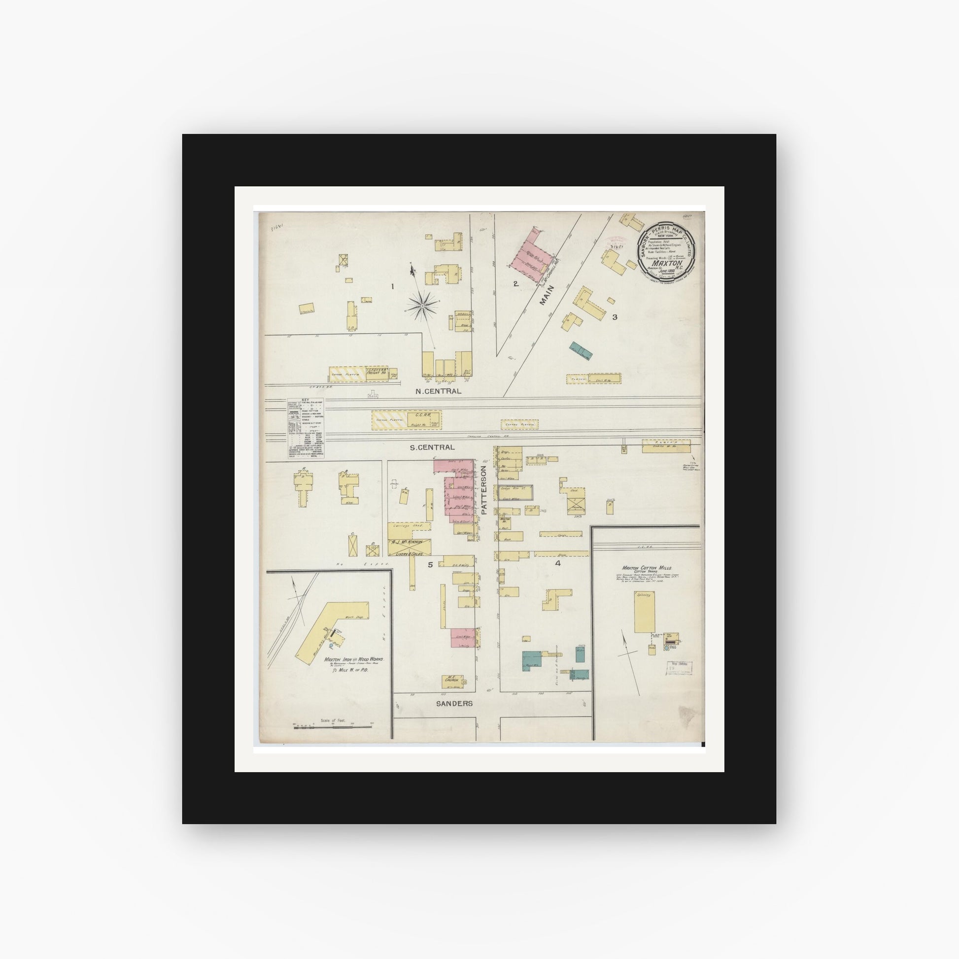 Old map wall art mockup — black gallery frame with white mat — Sanborn Fire Insurance Map from Maxton, Robeson County, North Carolina (1893), Sheet #0001