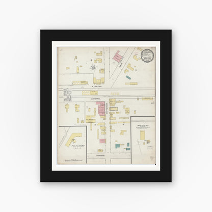 Old map wall art mockup — black gallery frame with white mat — Sanborn Fire Insurance Map from Maxton, Robeson County, North Carolina (1893), Sheet #0001