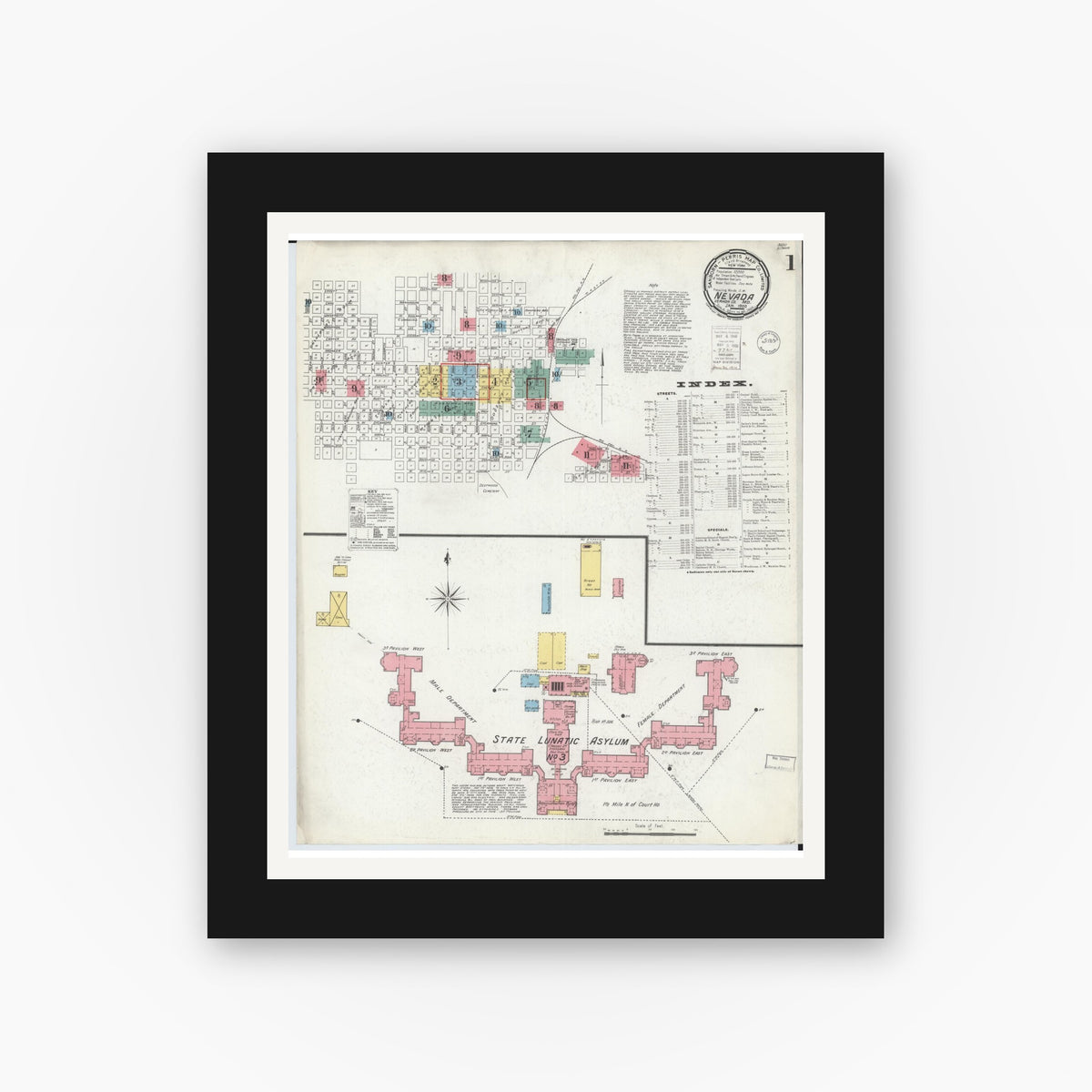 Old map wall art mockup — black gallery frame with white mat — Sanborn Fire Insurance Map from Nevada, Vernon County, Missouri (1900), Sheet #0001