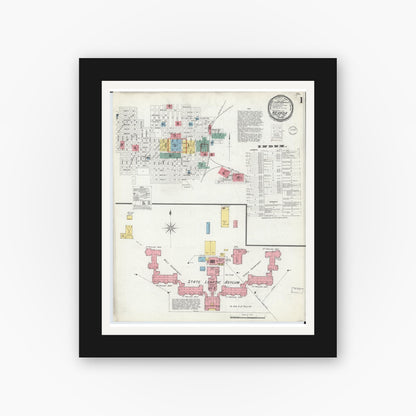 Old map wall art mockup — black gallery frame with white mat — Sanborn Fire Insurance Map from Nevada, Vernon County, Missouri (1900), Sheet #0001