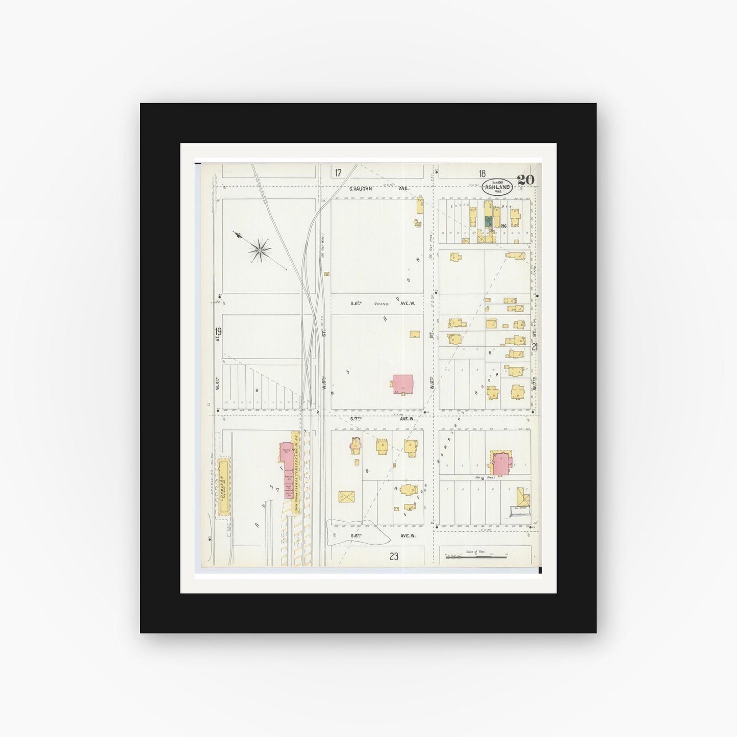 Old map wall art mockup — black gallery frame with white mat — Sanborn Fire Insurance Map from Ashland, Ashland County, Wisconsin (1901), Sheet #0020