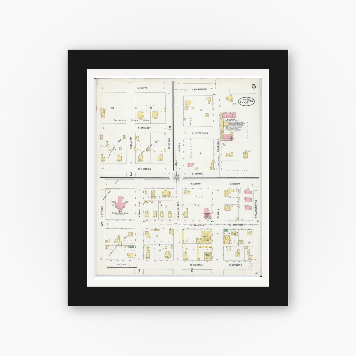 Old map wall art mockup — black gallery frame with white mat — Sanborn Fire Insurance Map from Sullivan, Moultrie County, Illinois (1898), Sheet #0005