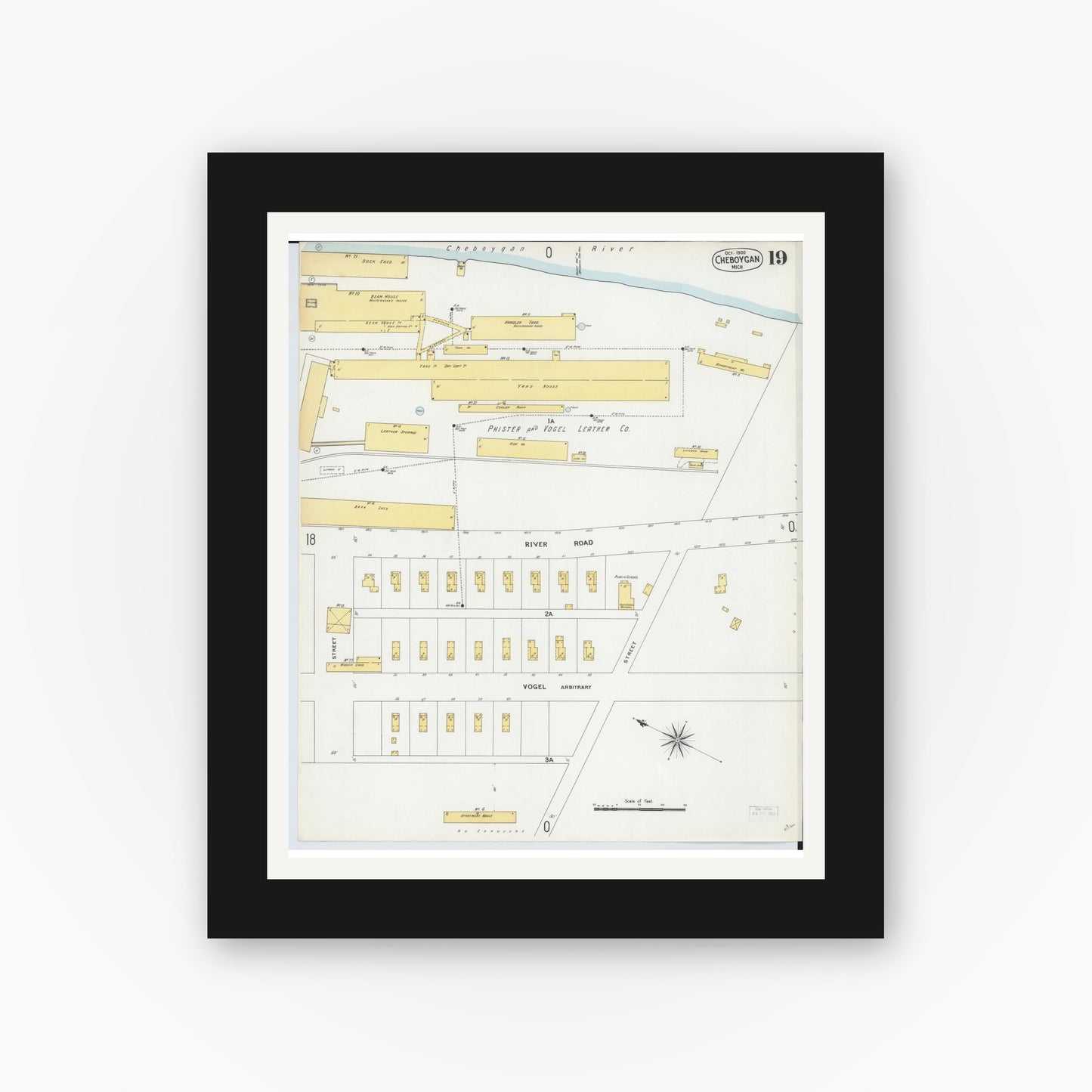 Old map wall art mockup — black gallery frame with white mat — Sanborn Fire Insurance Map from Cheboygan, Cheboygan County, Michigan (1900), Sheet #0019