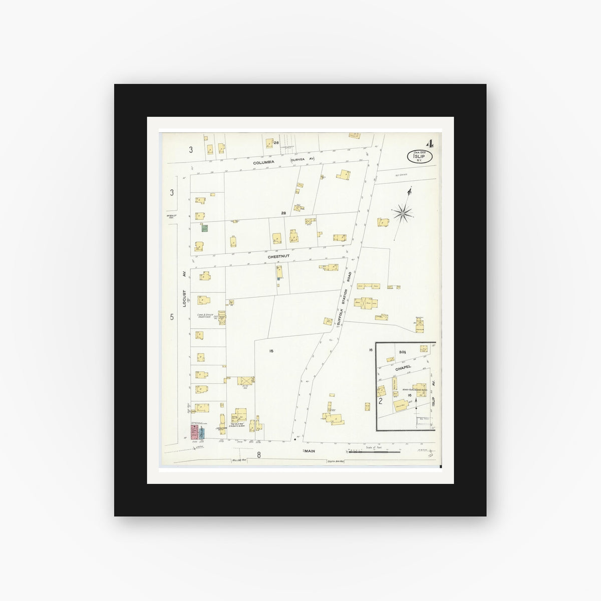 Old map wall art mockup — black gallery frame with white mat — Sanborn Fire Insurance Map from Islip, Suffolk County, New York (1909), Sheet #0004