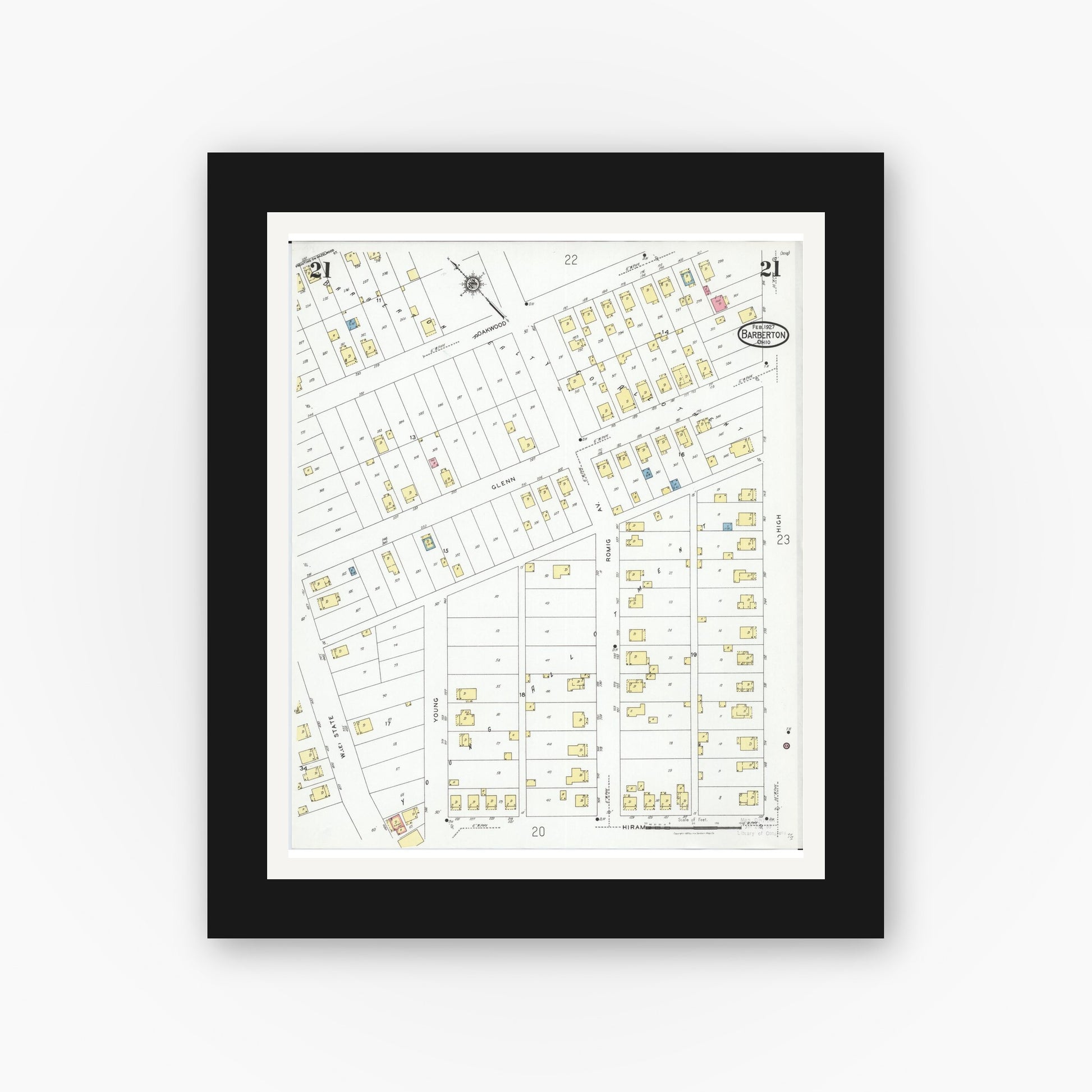 Old map wall art mockup — black gallery frame with white mat — Sanborn Fire Insurance Map from Barberton, Summit County, Ohio (1927), Sheet #0021