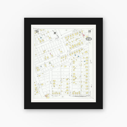 Old map wall art mockup — black gallery frame with white mat — Sanborn Fire Insurance Map from Barberton, Summit County, Ohio (1927), Sheet #0021