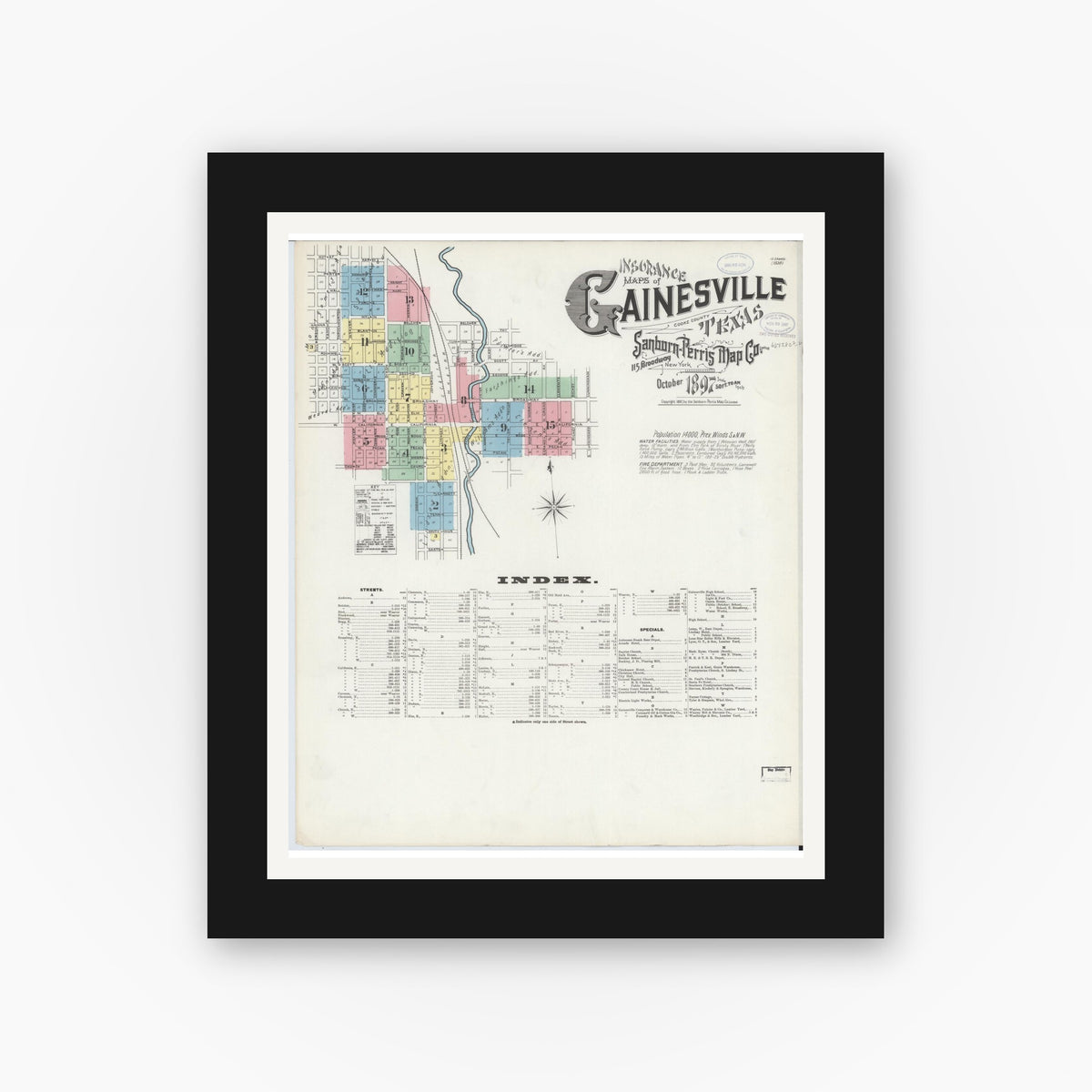 Old map wall art mockup — black gallery frame with white mat — Sanborn Fire Insurance Map from Gainesville, Cooke County, Texas (1897) - Complete Map Set