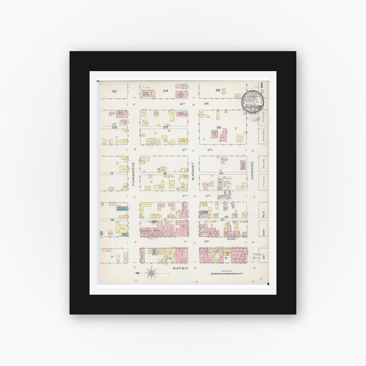 Old map wall art mockup — black gallery frame with white mat — Sanborn Fire Insurance Map from Glasgow, Howard County, Missouri (1885), Sheet #0001