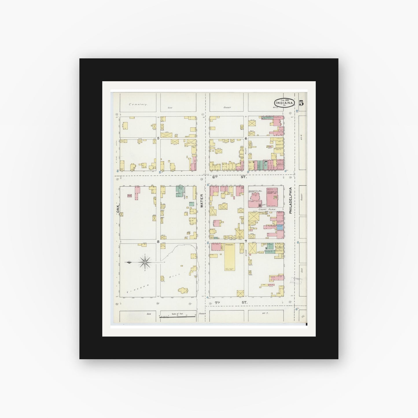 Old map wall art mockup — black gallery frame with white mat — Sanborn Fire Insurance Map from Indiana, Indiana County, Pennsylvania (1892), Sheet #0005