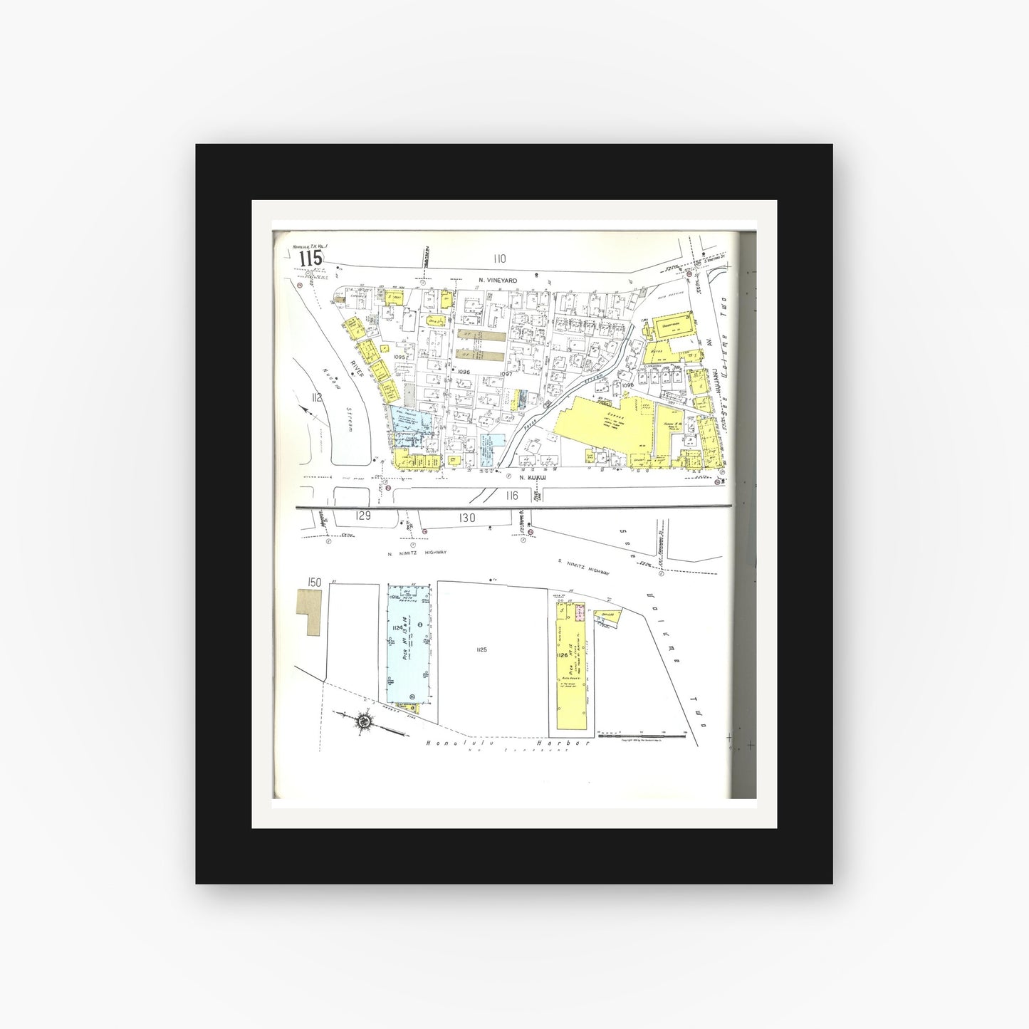 Old map wall art mockup — black gallery frame with white mat — Sanborn Fire Insurance Map from Honolulu, Oahu County, Hawaii (1955), Sheet #0115
