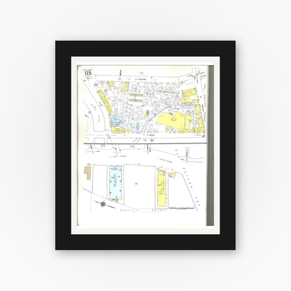 Old map wall art mockup — black gallery frame with white mat — Sanborn Fire Insurance Map from Honolulu, Oahu County, Hawaii (1955), Sheet #0115