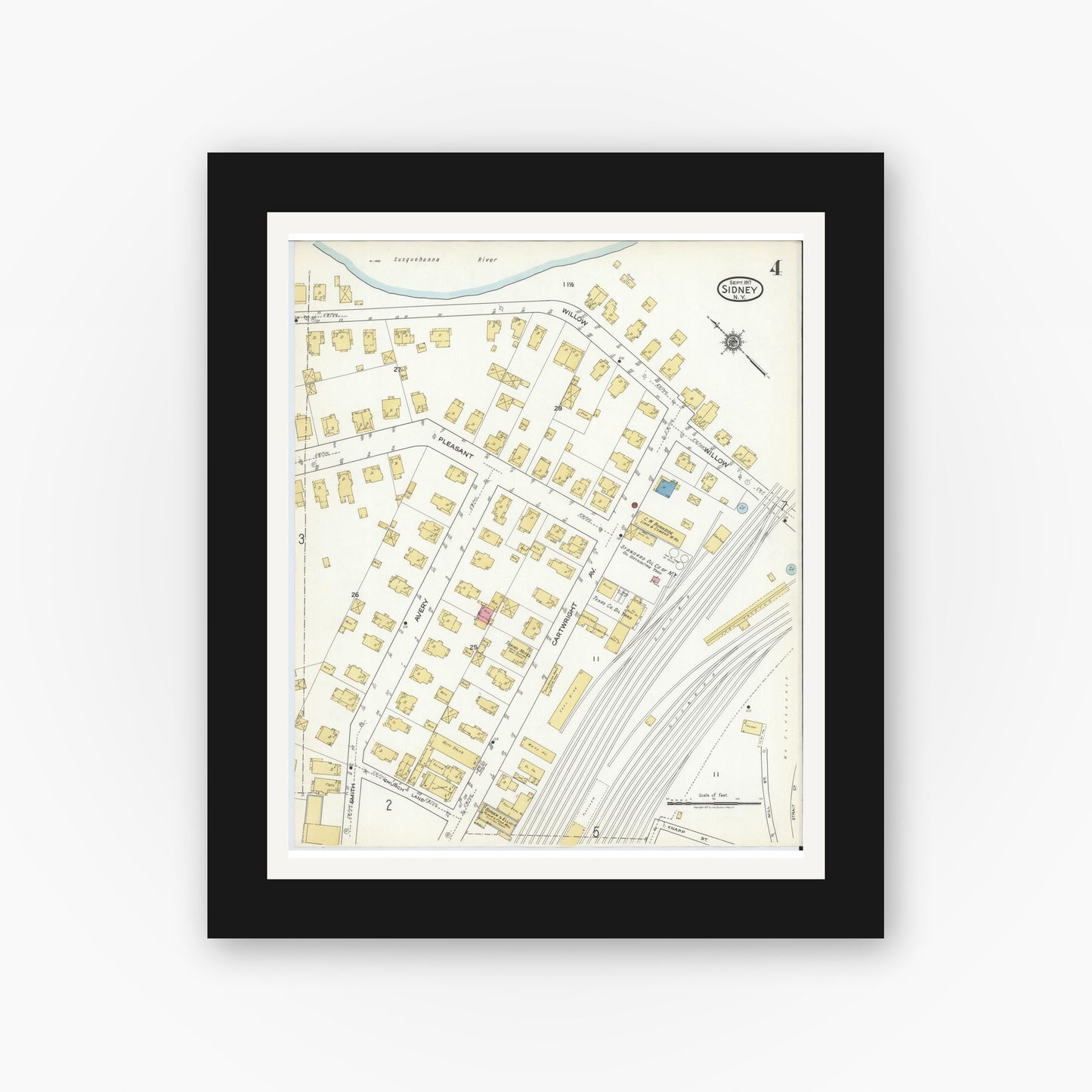 Old map wall art mockup — black gallery frame with white mat — Sanborn Fire Insurance Map from Sidney, Delaware County, New York (1917), Sheet #0004
