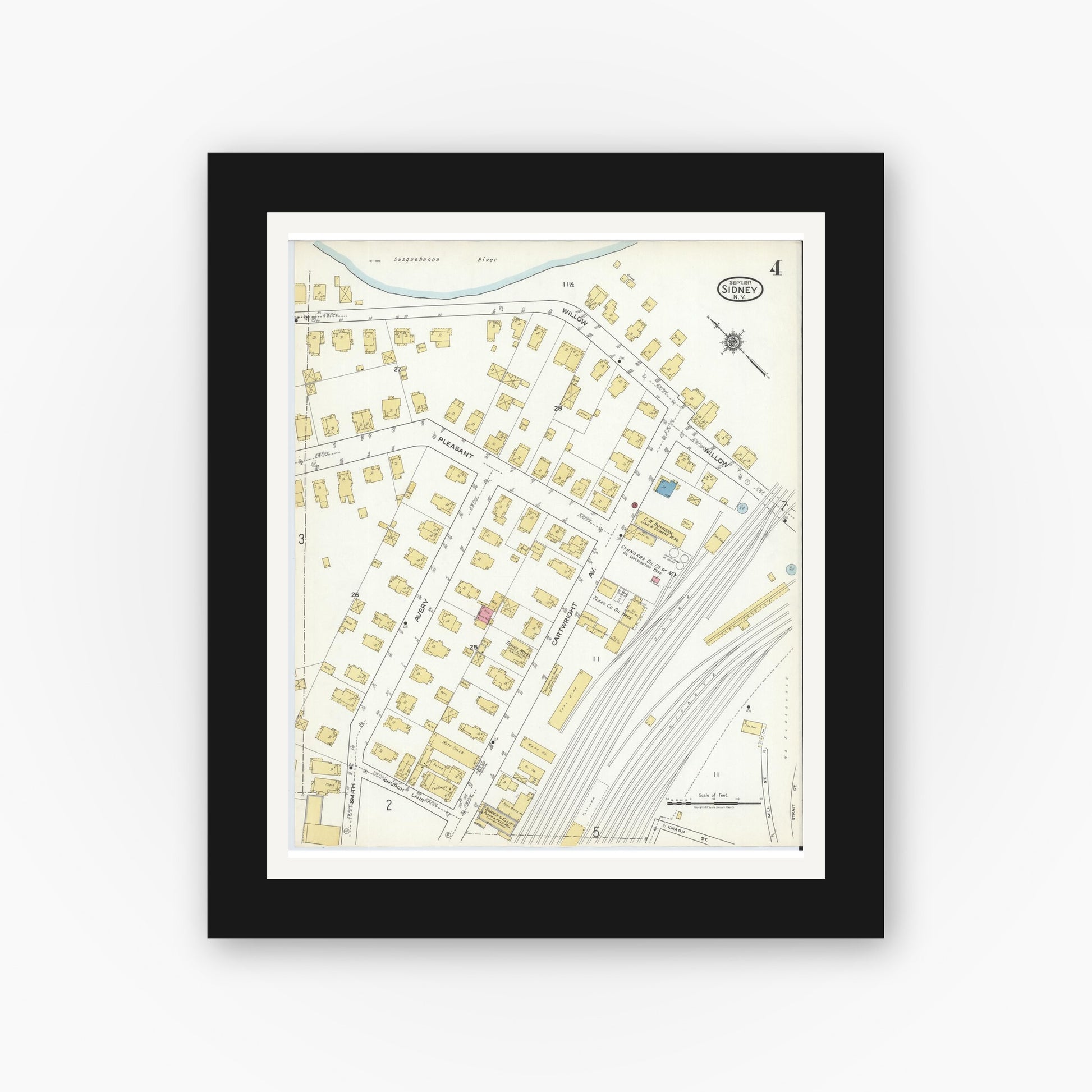 Old map wall art mockup — black gallery frame with white mat — Sanborn Fire Insurance Map from Sidney, Delaware County, New York (1917), Sheet #0004