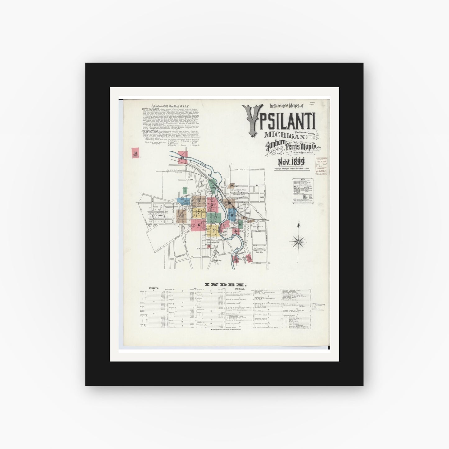 Old map wall art mockup — black gallery frame with white mat — Sanborn Fire Insurance Map from Ypsilanti, Washtenaw County, Michigan (1899), Sheet #0001