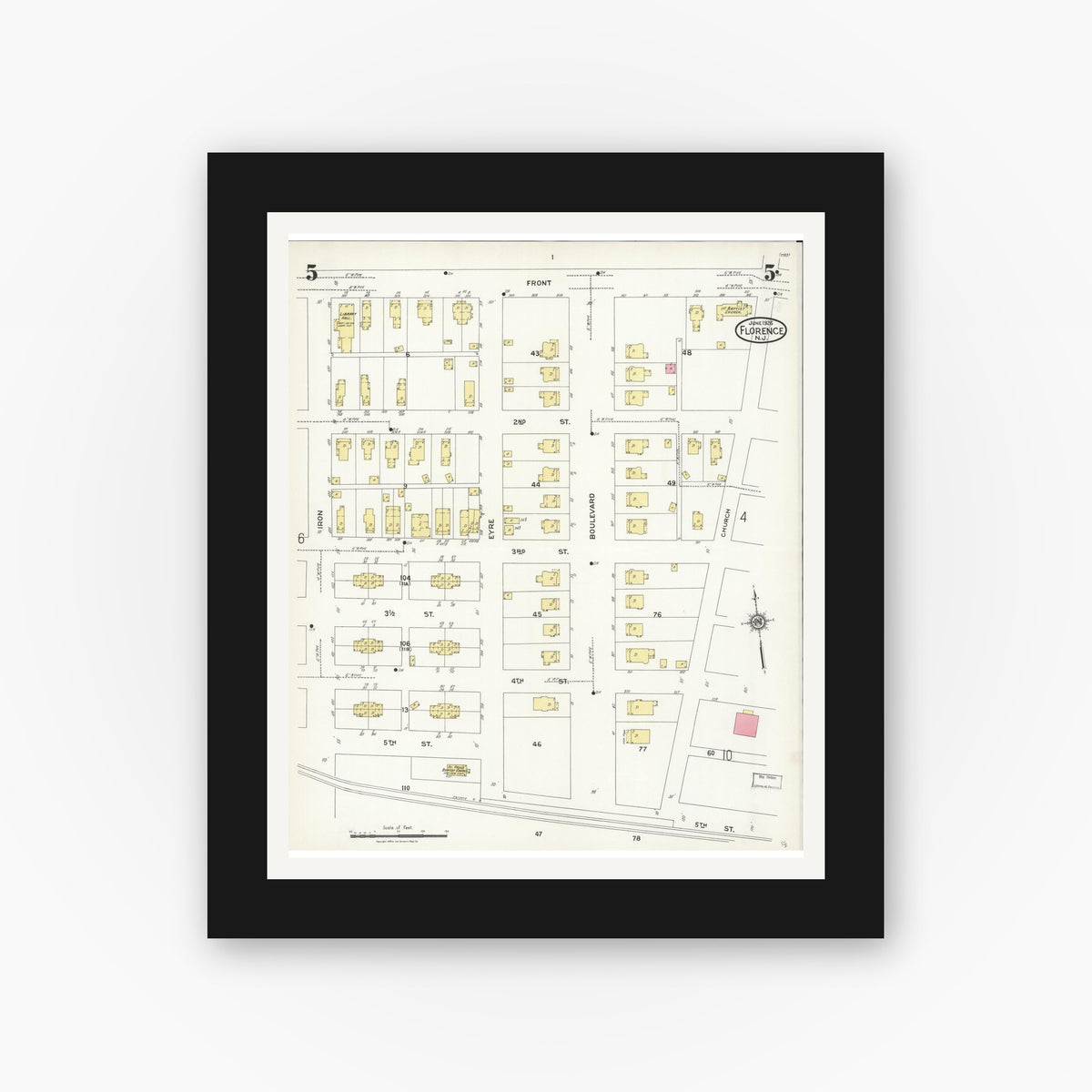 Old map wall art mockup — black gallery frame with white mat — Sanborn Fire Insurance Map from Florence, Burlington County, New Jersey (1926), Sheet #0005