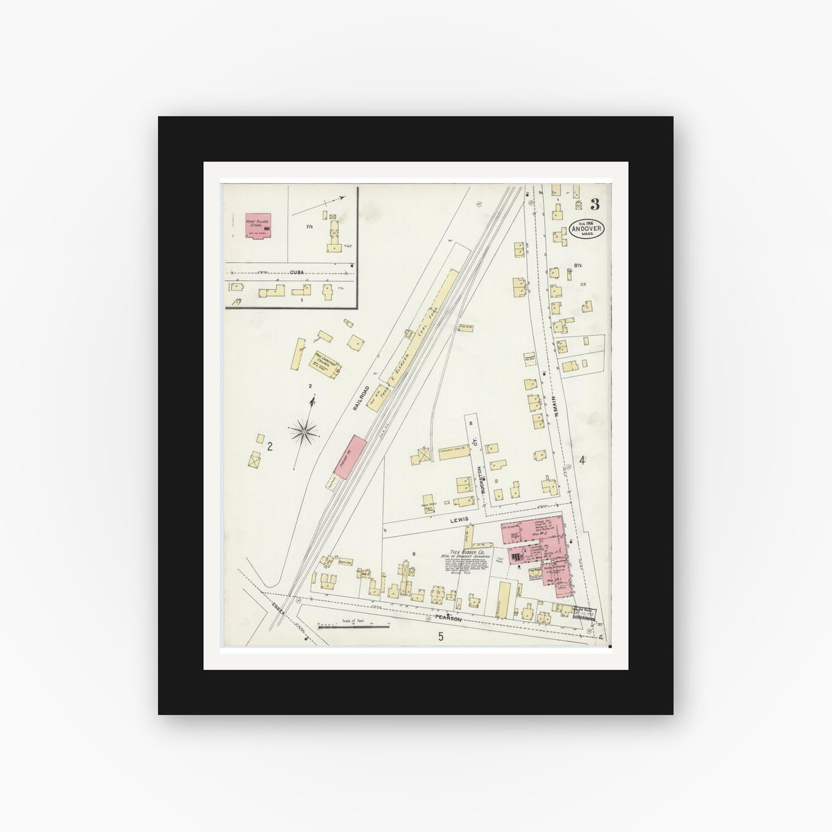 Old map wall art mockup — black gallery frame with white mat — Sanborn Fire Insurance Map from Andover, Essex County, Massachusetts (1906), Sheet #0003