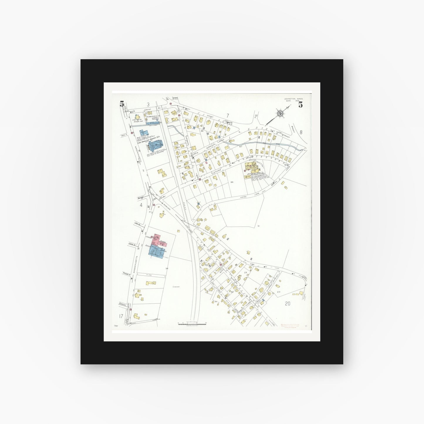 Old map wall art mockup — black gallery frame with white mat — Sanborn Fire Insurance Map from Lexington, Middlesex County, Massachusetts (1935), Sheet #0005