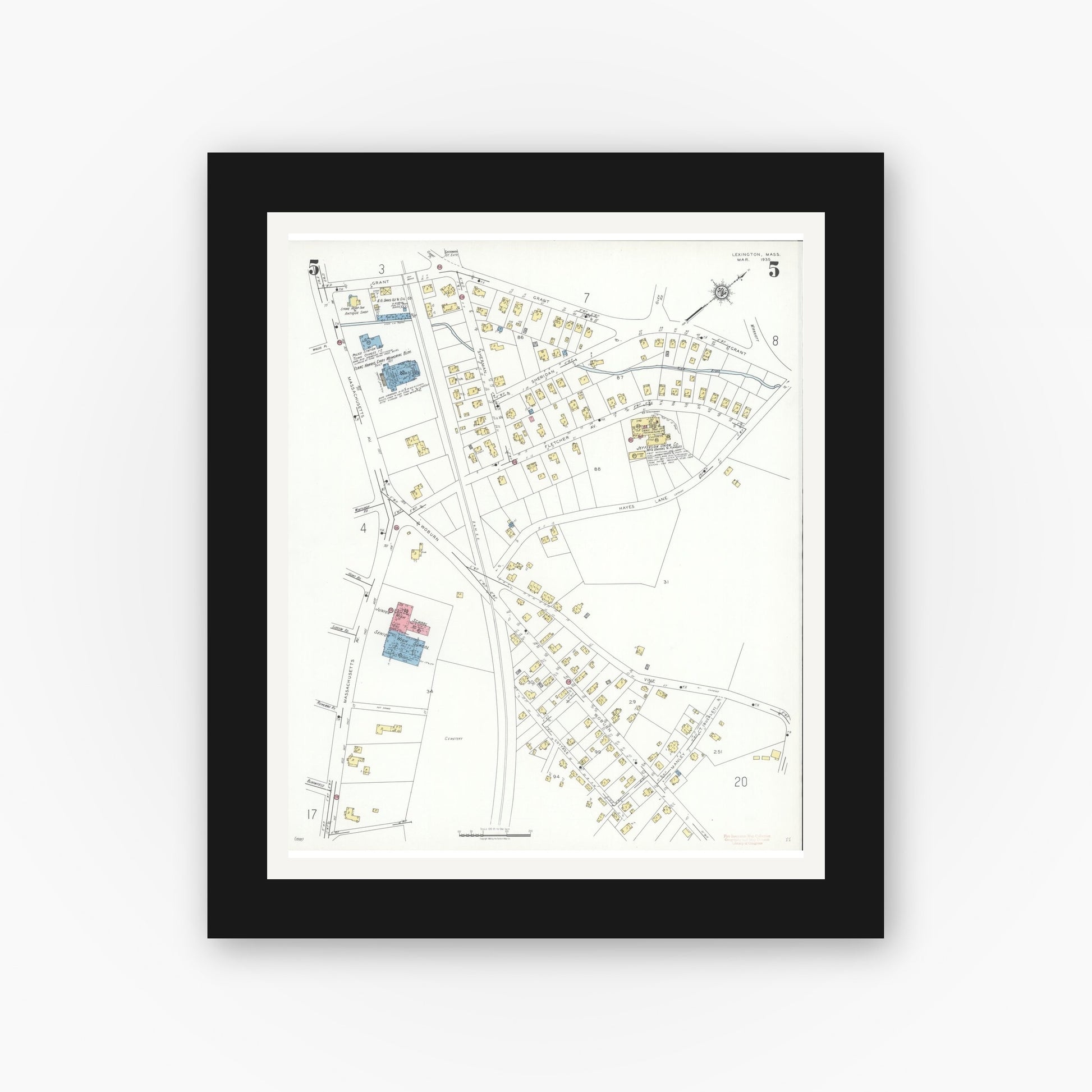Old map wall art mockup — black gallery frame with white mat — Sanborn Fire Insurance Map from Lexington, Middlesex County, Massachusetts (1935), Sheet #0005