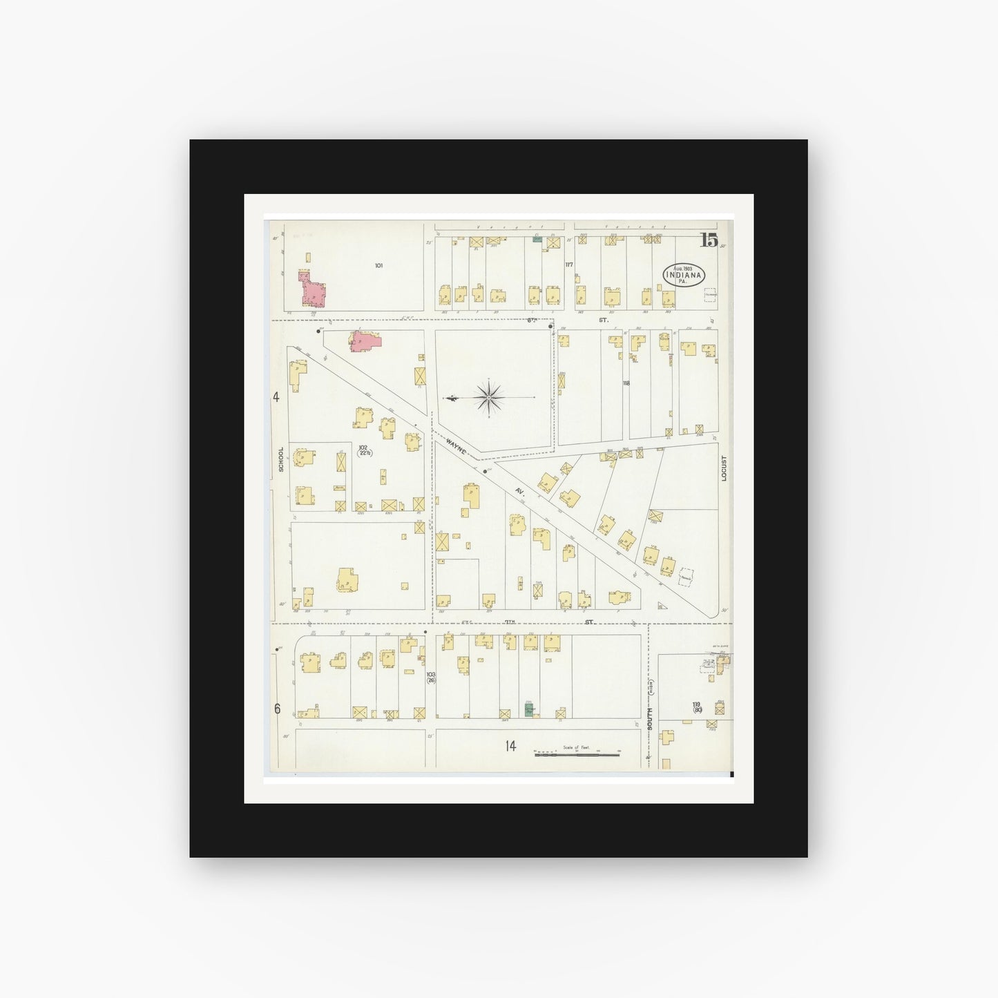 Old map wall art mockup — black gallery frame with white mat — Sanborn Fire Insurance Map from Indiana, Indiana County, Pennsylvania (1903), Sheet #0015