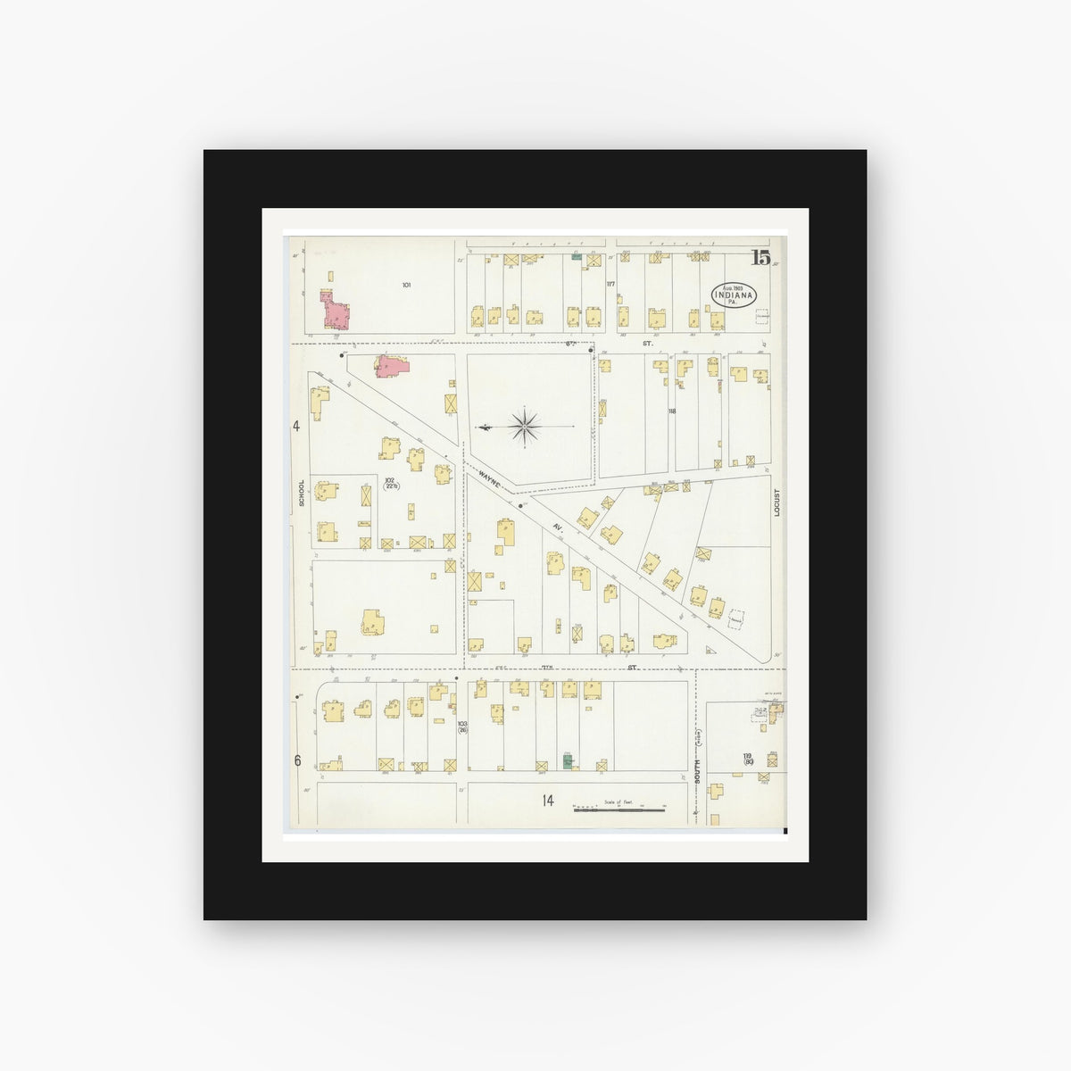 Old map wall art mockup — black gallery frame with white mat — Sanborn Fire Insurance Map from Indiana, Indiana County, Pennsylvania (1903), Sheet #0015