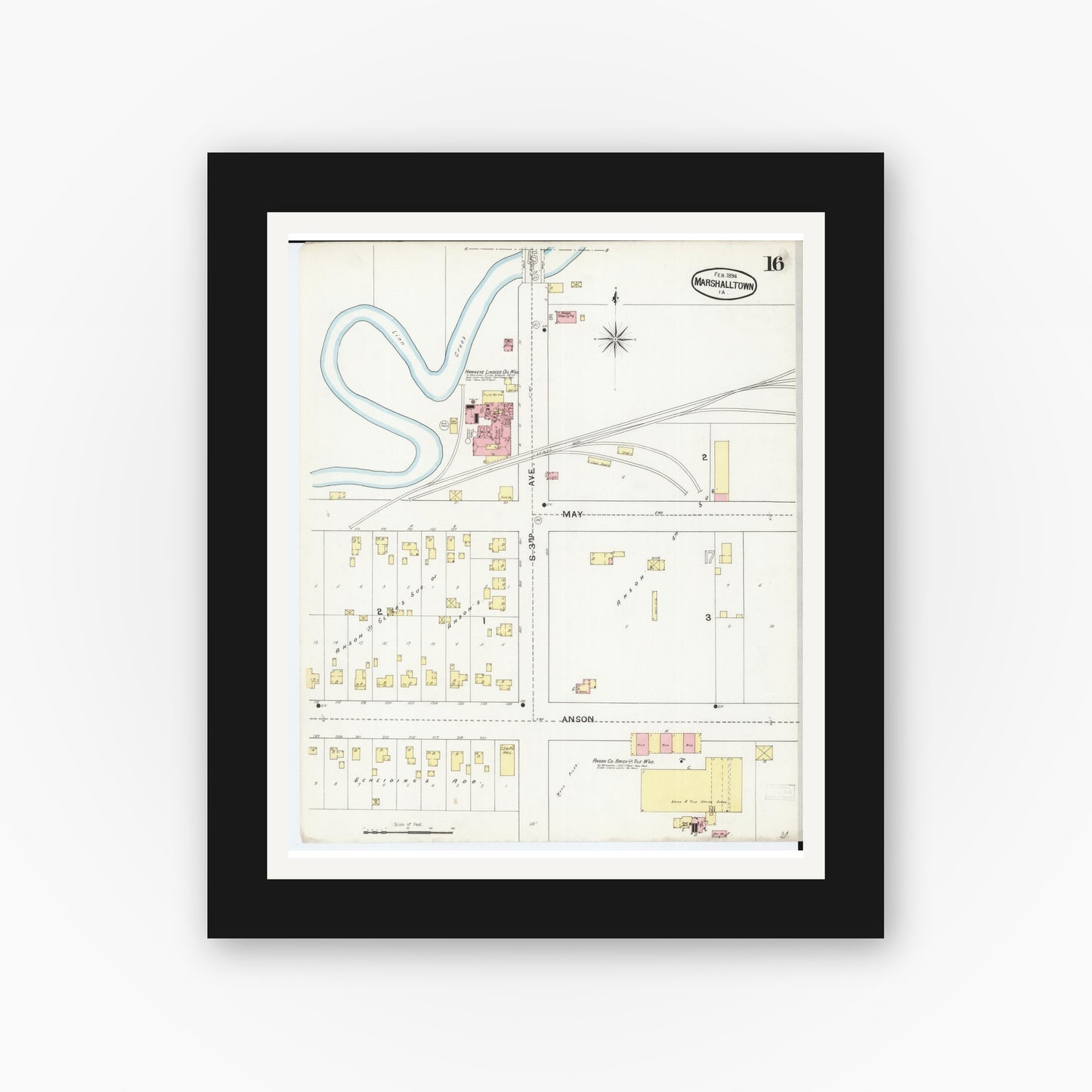 Old map wall art mockup — black gallery frame with white mat — Sanborn Fire Insurance Map from Marshalltown, Marshall County, Iowa (1894), Sheet #0016
