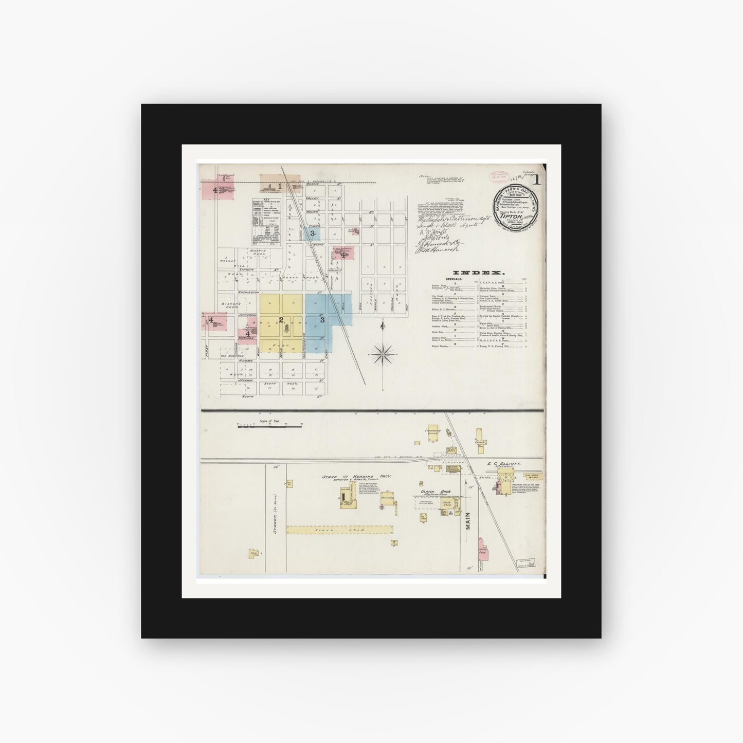 Old map wall art mockup — black gallery frame with white mat — Sanborn Fire Insurance Map from Tipton, Tipton County, Indiana (1890) - Complete Map Set