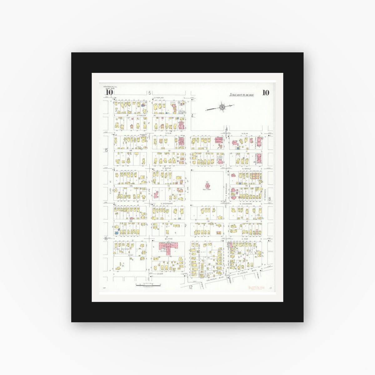 Old map wall art mockup — black gallery frame with white mat — Sanborn Fire Insurance Map from Centralia, Marion, Clinton, Jefferson, and Washington Counties, Illinois (1938), Sheet #0010