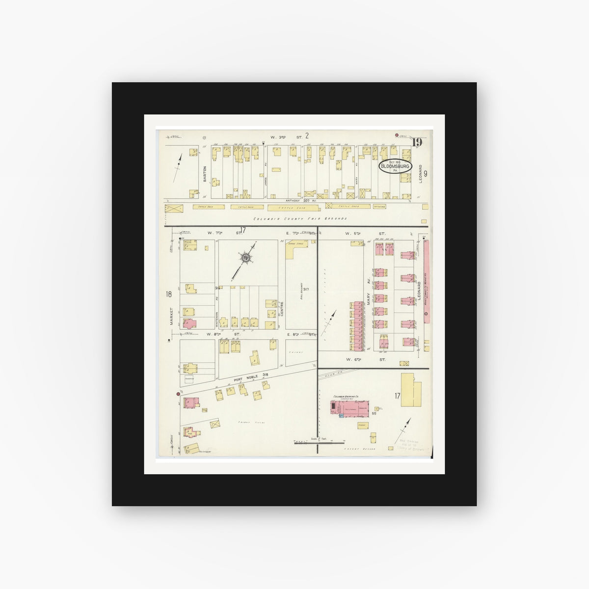 Old map wall art mockup — black gallery frame with white mat — Sanborn Fire Insurance Map from Bloomsburg, Columbia County, Pennsylvania (1913), Sheet #0019