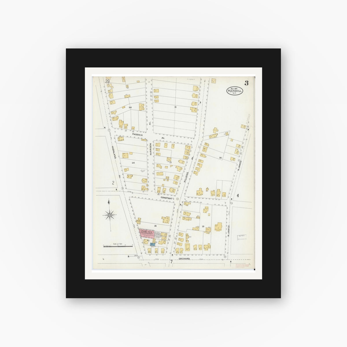 Old map wall art mockup — black gallery frame with white mat — Sanborn Fire Insurance Map from Peekskill, Westchester County, New York (1905), Sheet #0003
