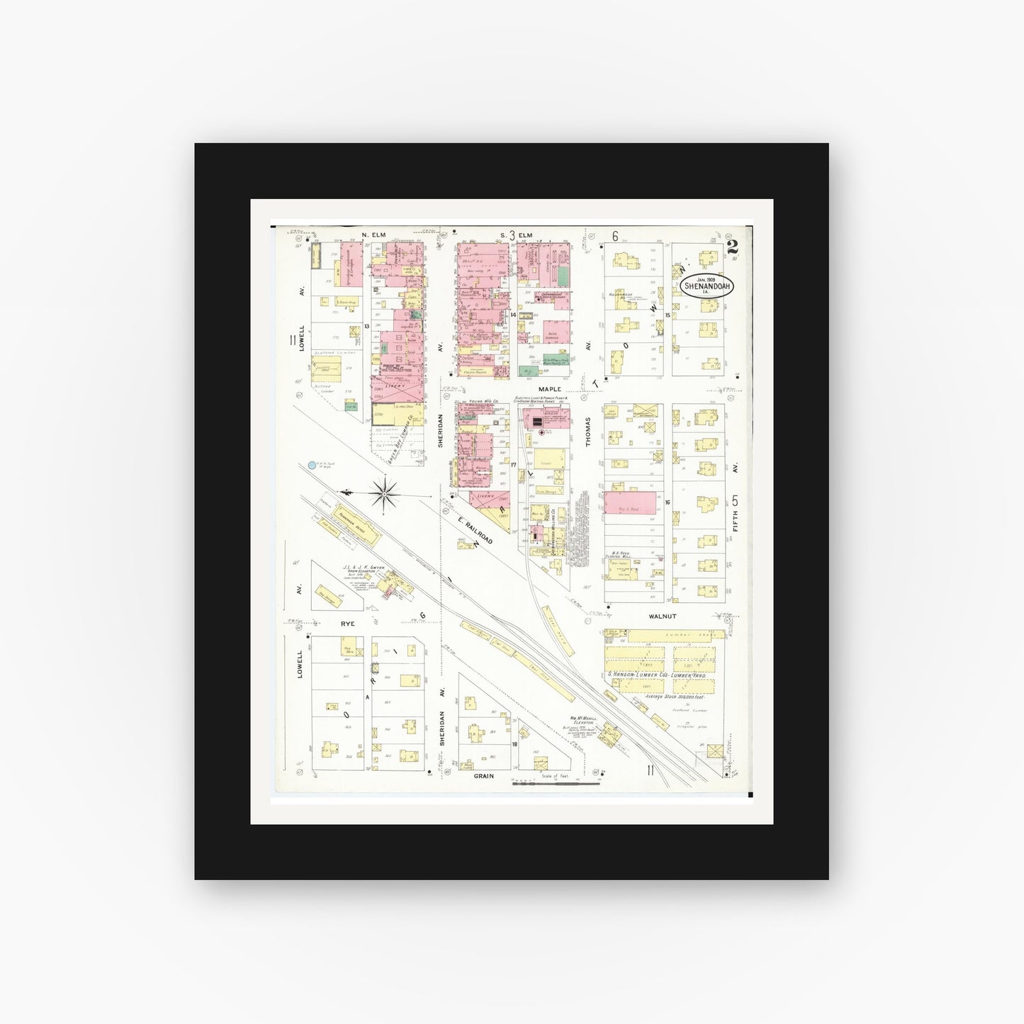 Old map wall art mockup — black gallery frame with white mat — Sanborn Fire Insurance Map from Shenandoah, Page County, Iowa (1909), Sheet #0002