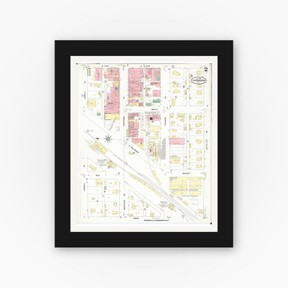Old map wall art mockup — black gallery frame with white mat — Sanborn Fire Insurance Map from Shenandoah, Page County, Iowa (1909), Sheet #0002