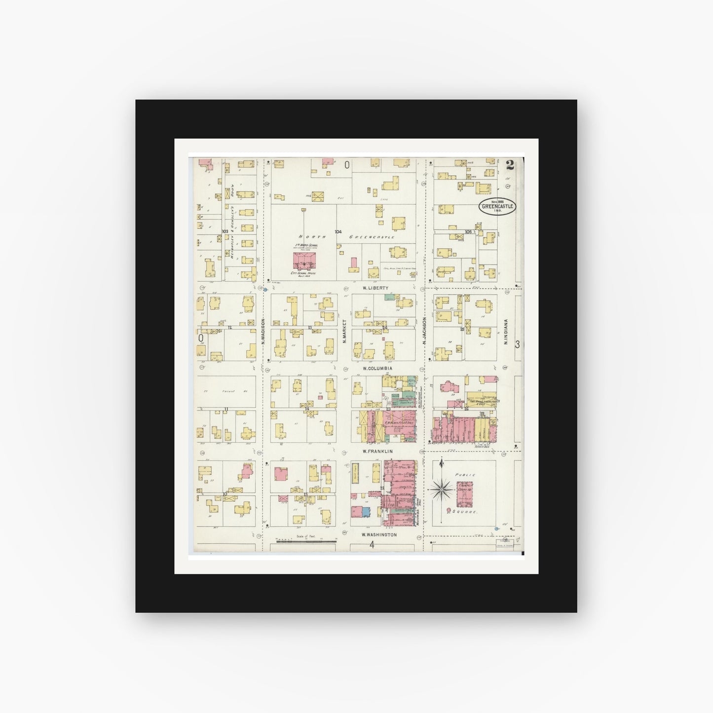 Old map wall art mockup — black gallery frame with white mat — Sanborn Fire Insurance Map from Greencastle, Putnam County, Indiana (1898), Sheet #0002