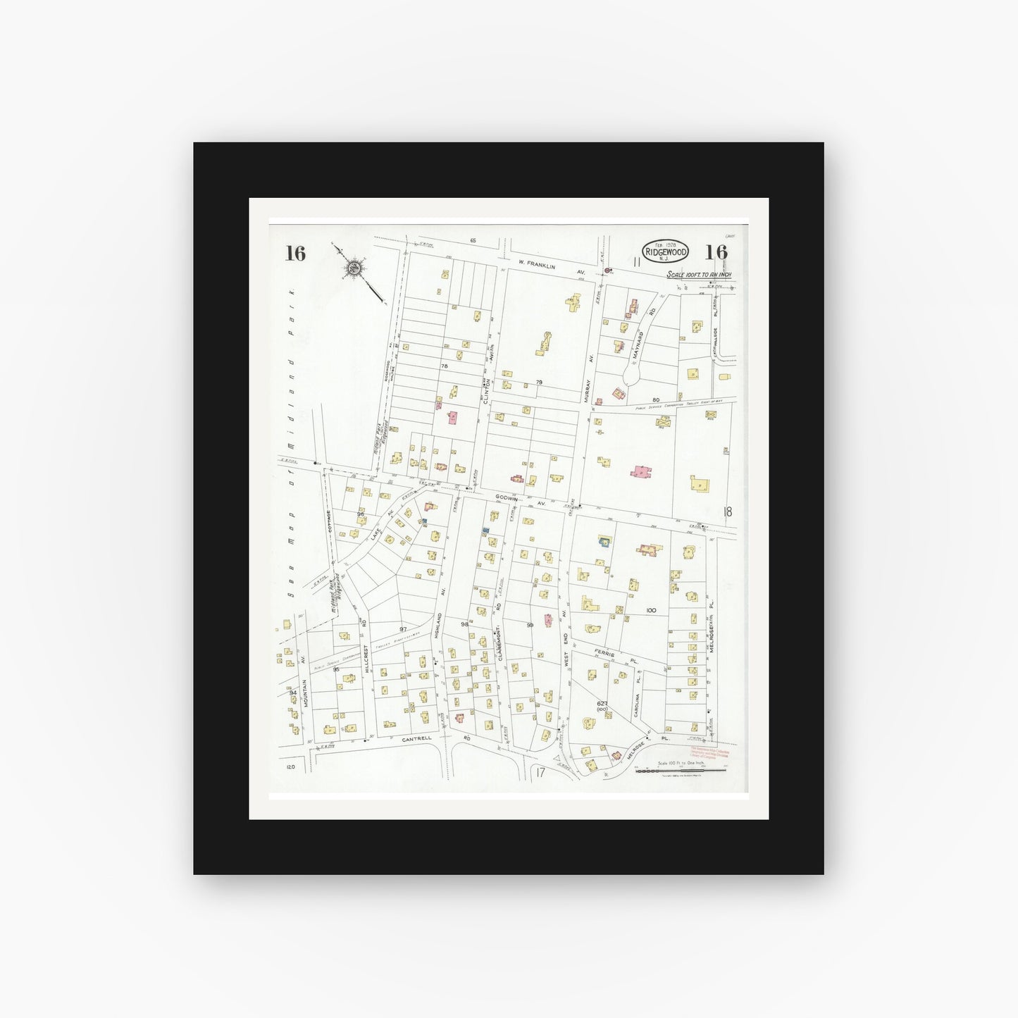 Old map wall art mockup — black gallery frame with white mat — Sanborn Fire Insurance Map from Ridgewood, Bergen County, New Jersey (1928), Sheet #0016