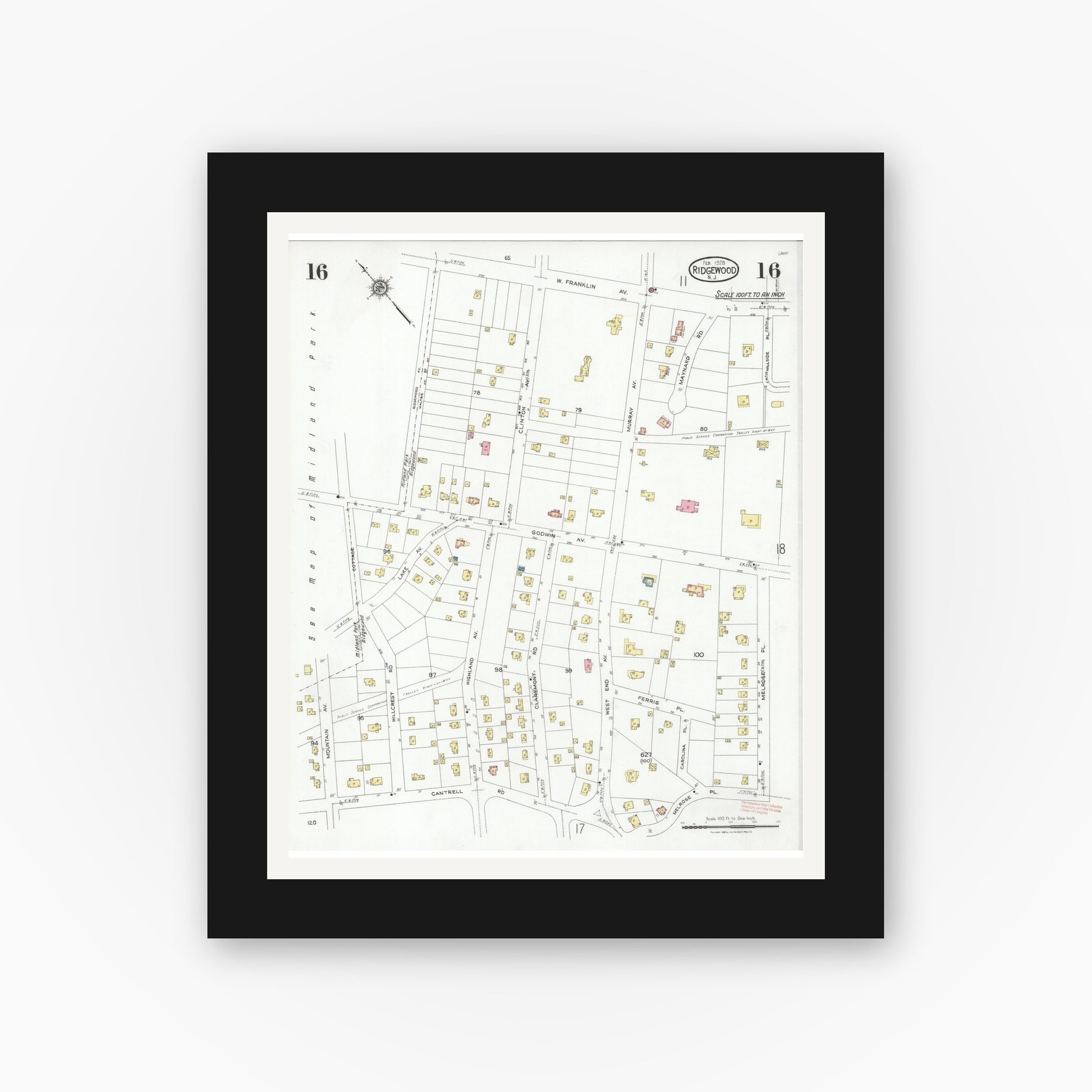 Old map wall art mockup — black gallery frame with white mat — Sanborn Fire Insurance Map from Ridgewood, Bergen County, New Jersey (1928), Sheet #0016
