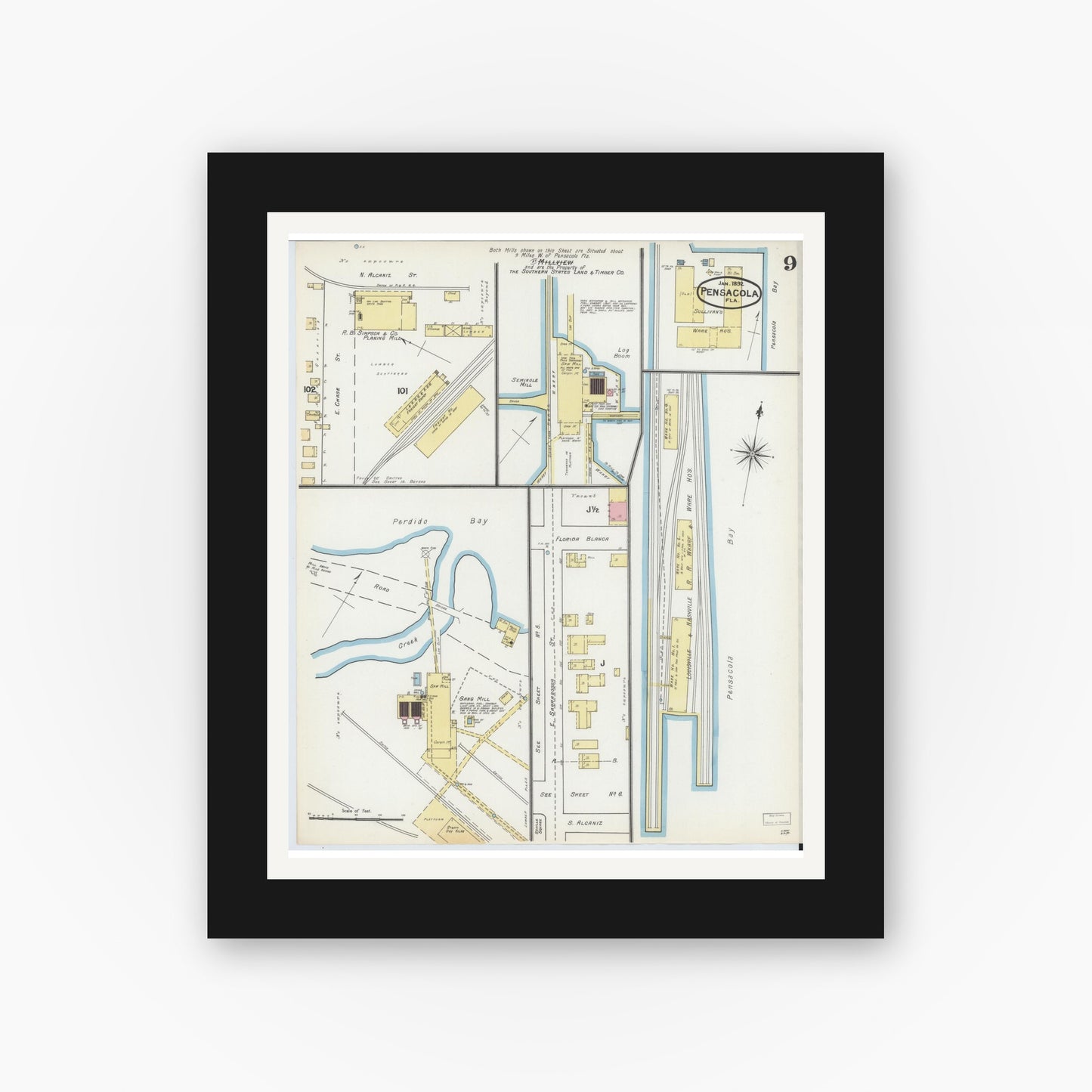 Old map wall art mockup — black gallery frame with white mat — Sanborn Fire Insurance Map from Pensacola, Escambia County, Florida (1892), Sheet #0009