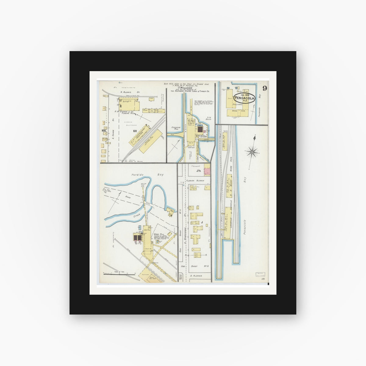 Old map wall art mockup — black gallery frame with white mat — Sanborn Fire Insurance Map from Pensacola, Escambia County, Florida (1892), Sheet #0009